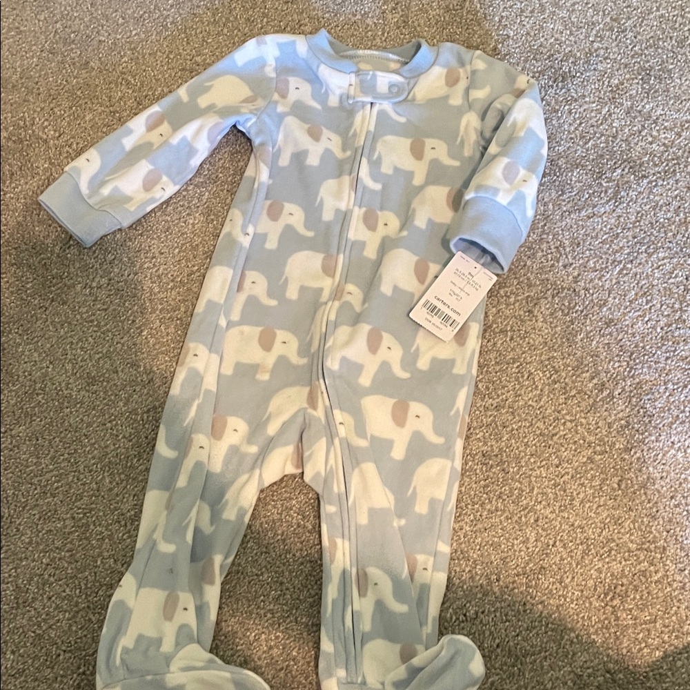 Carters BMWT 9 month Baby Blue Elephant Print Fleece One-Piece Footed Pajamas